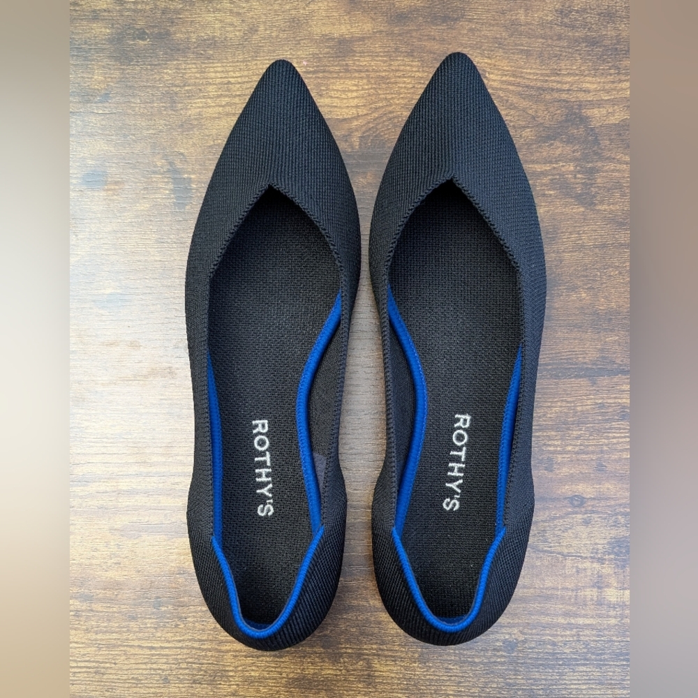 Rothy's The Point Black Flats with Blue Trim